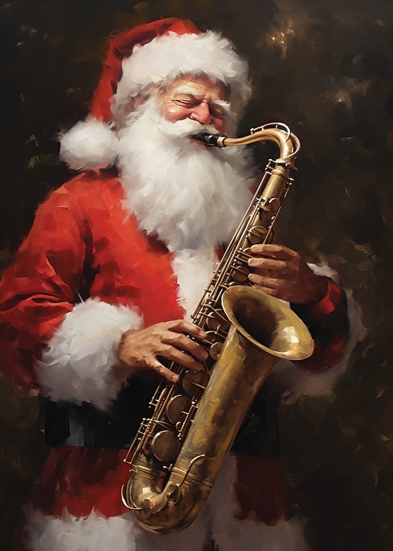 Akvarell av jultomte som spelar saxofon i röd dräkt-12