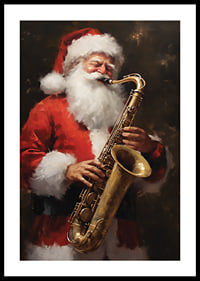 Akvarell av jultomte som spelar saxofon i röd dräkt-0