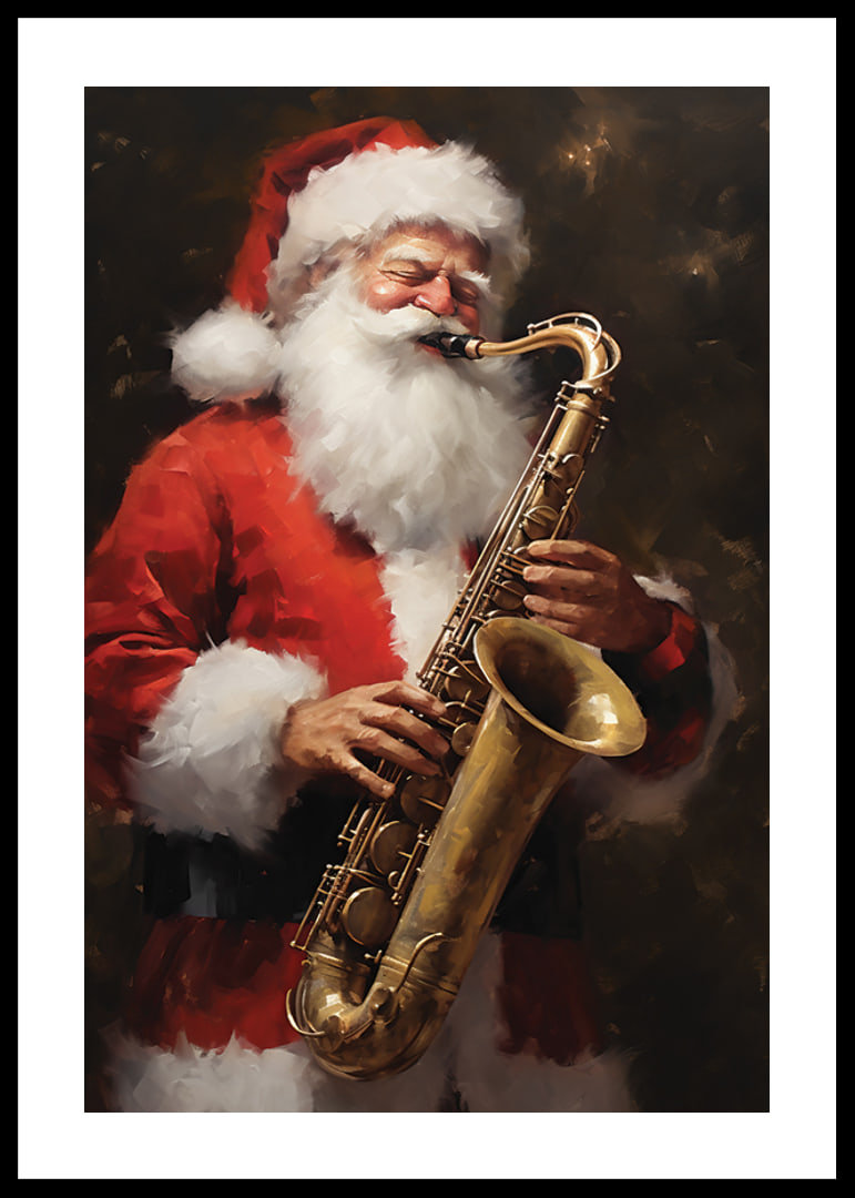 Akvarell av jultomte som spelar saxofon i röd dräkt-12