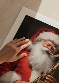 Akvarell av jultomte som spelar saxofon i röd dräkt-9