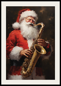 Akvarell av jultomte som spelar saxofon i röd dräkt-2
