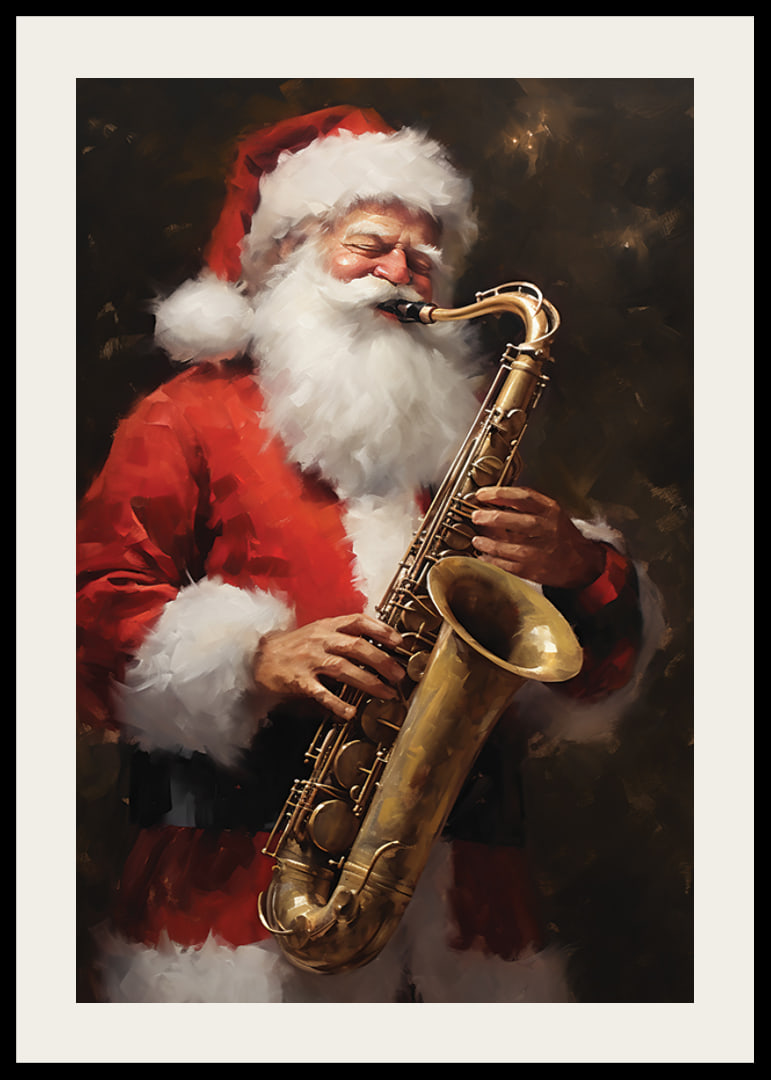 Akvarell av jultomte som spelar saxofon i röd dräkt-12