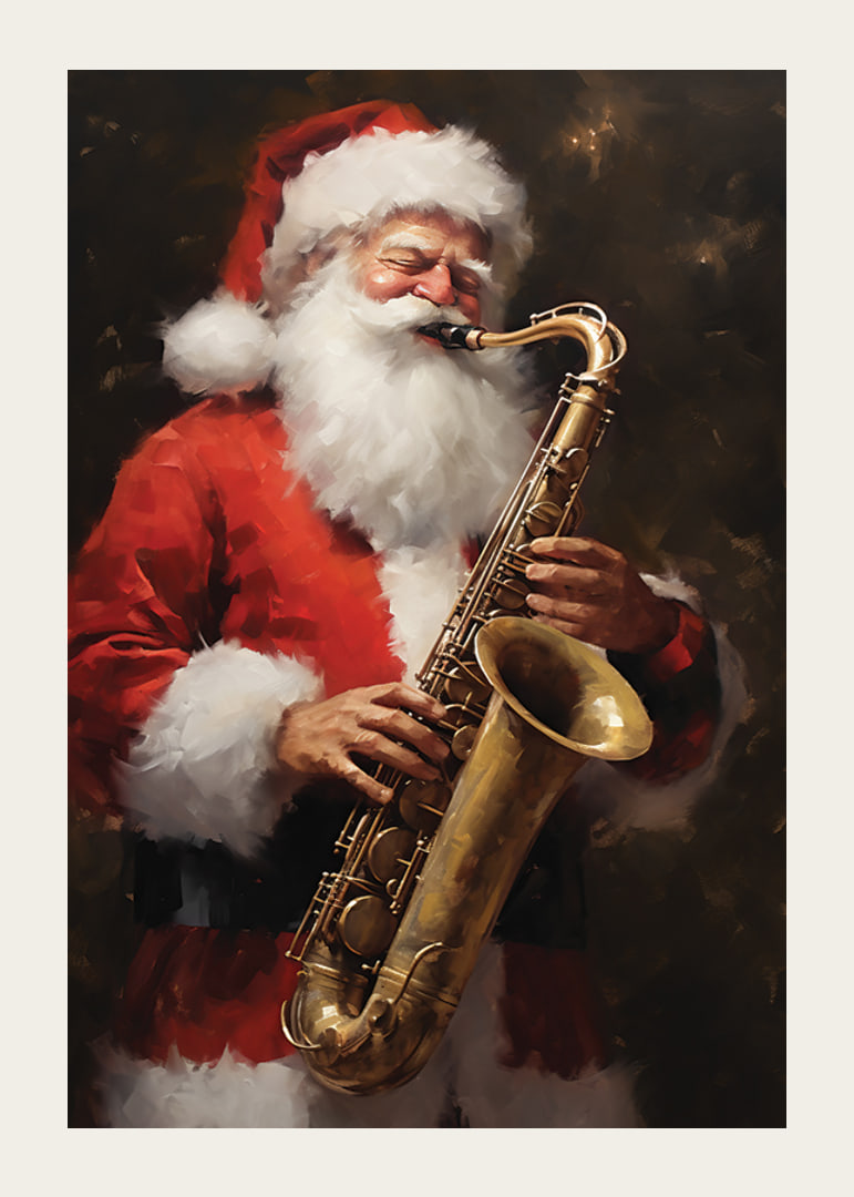 Akvarell av jultomte som spelar saxofon i röd dräkt-12