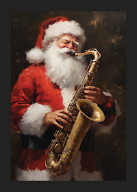 Akvarell av jultomte som spelar saxofon i röd dräkt-5