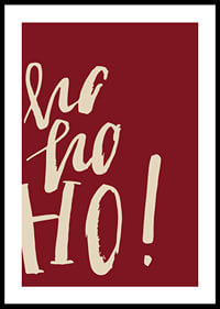 Handskriven text ho ho ho i beige på mörkröd bakgrund-0