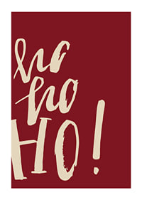 Handskriven text ho ho ho i beige på mörkröd bakgrund-1