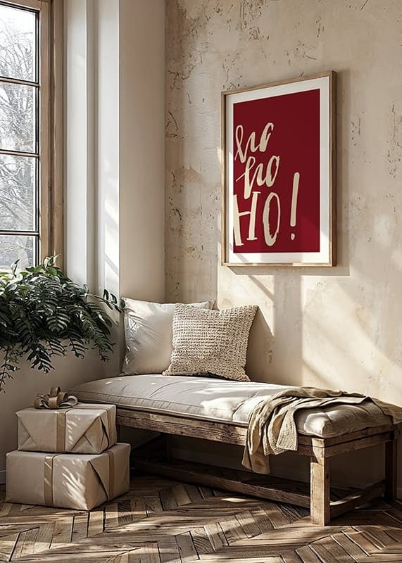 Handskriven text ho ho ho i beige på mörkröd bakgrund-12