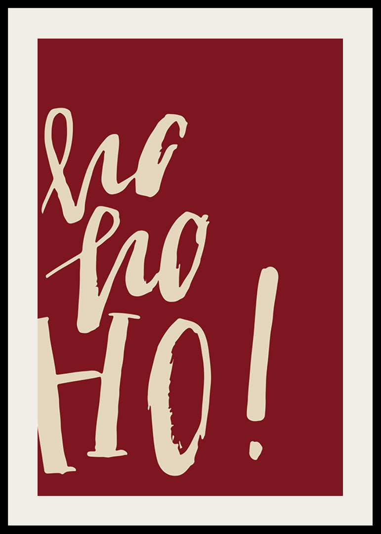 Handskriven text ho ho ho i beige på mörkröd bakgrund-12