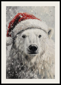 Urs polar ilustrat cu pălărie de Moș Crăciun printre fulgi de zăpadă-2