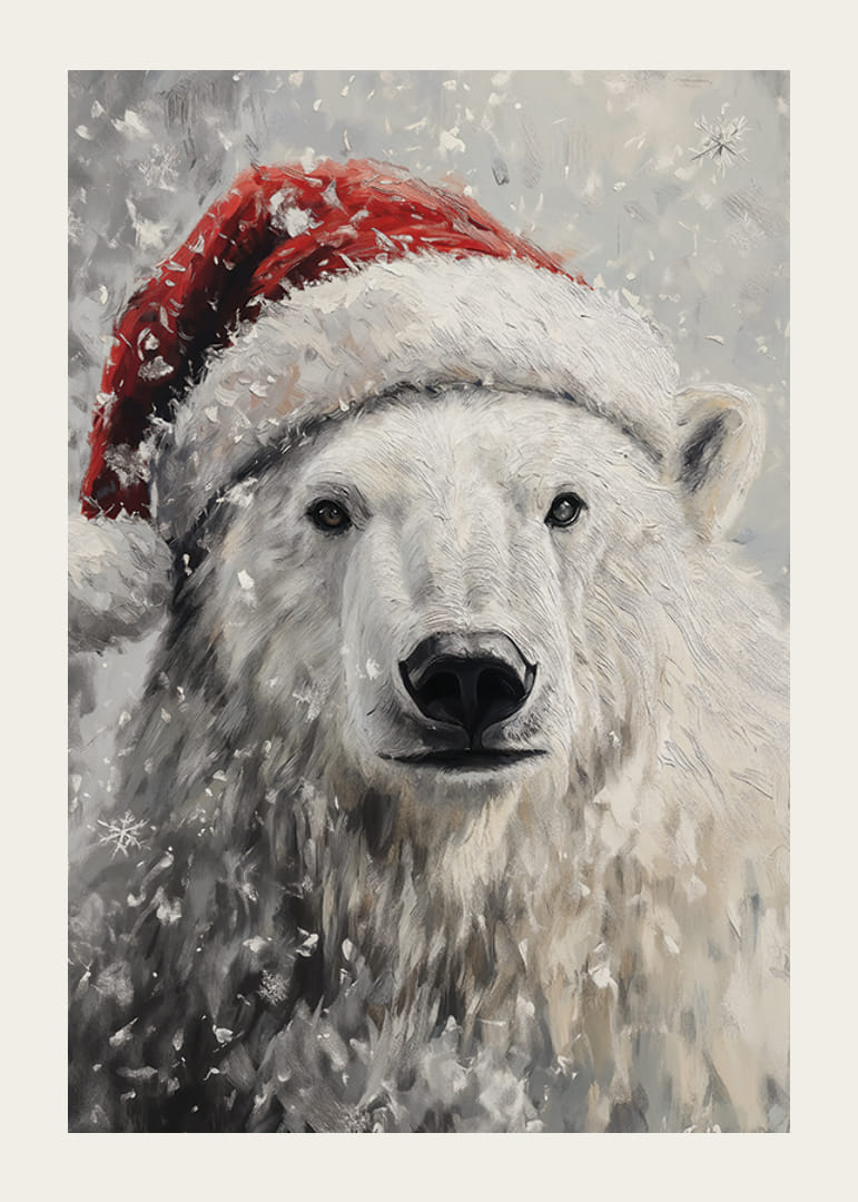 Urs polar ilustrat cu pălărie de Moș Crăciun printre fulgi de zăpadă-12