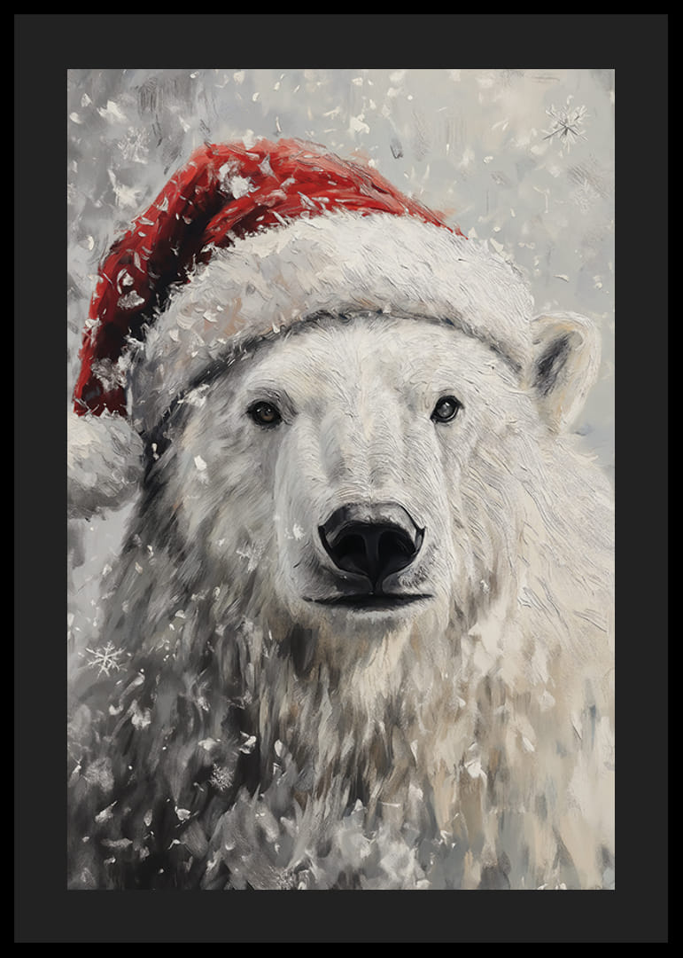 Urs polar ilustrat cu pălărie de Moș Crăciun printre fulgi de zăpadă-12