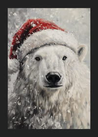 Urs polar ilustrat cu pălărie de Moș Crăciun printre fulgi de zăpadă-5