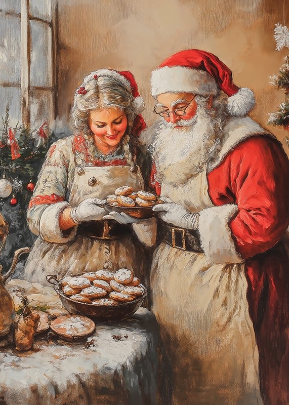 Illustration of Santa Claus and Mrs. Claus baking cookies-12