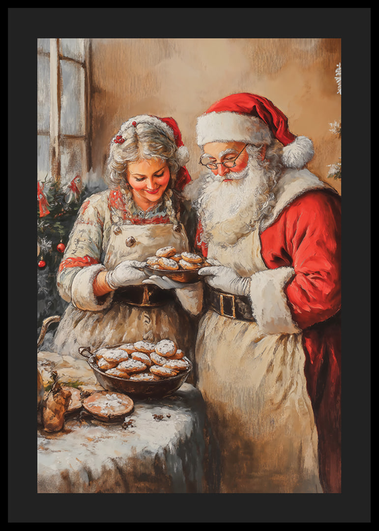 Illustration of Santa Claus and Mrs. Claus baking cookies-12