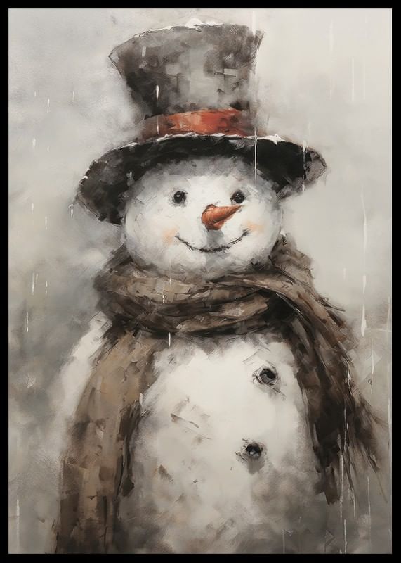 Poster met een schilderij van een vrolijke sneeuwpop in muts en sjaal-12