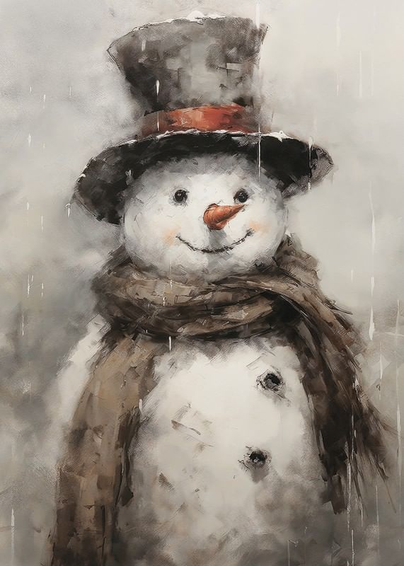 Poster met een schilderij van een vrolijke sneeuwpop in muts en sjaal-12