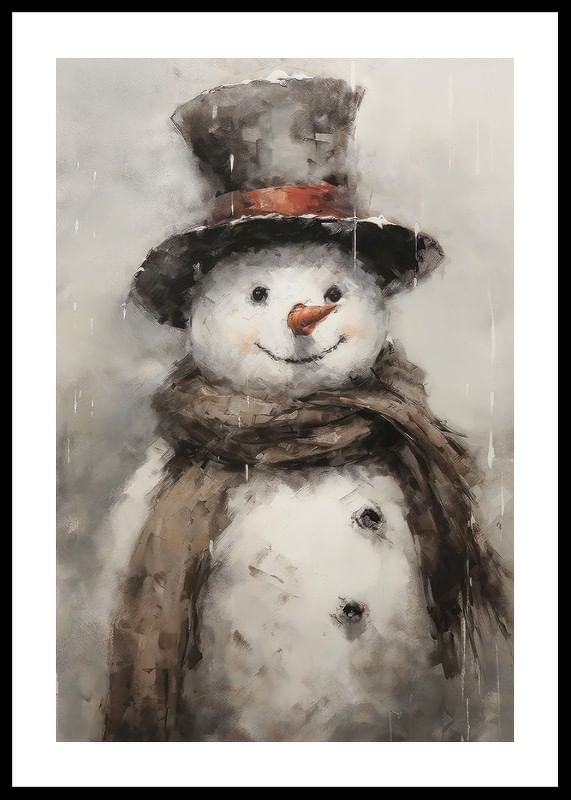 Poster met een schilderij van een vrolijke sneeuwpop in muts en sjaal-12