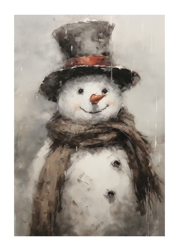 Poster met een schilderij van een vrolijke sneeuwpop in muts en sjaal-12