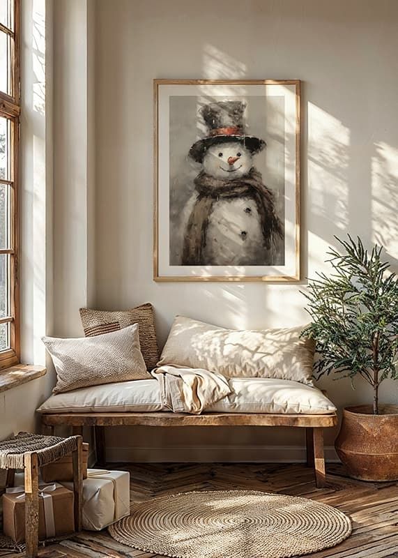 Poster met een schilderij van een vrolijke sneeuwpop in muts en sjaal-12