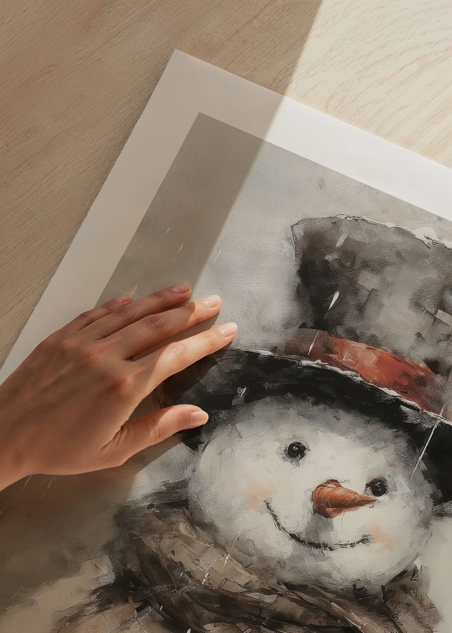 Poster met een schilderij van een vrolijke sneeuwpop in muts en sjaal-12