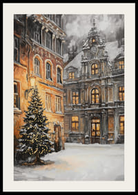 Malet byscene med juletre, snø og opplyste vinduer-2