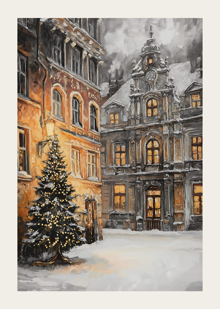 Malet byscene med juletre, snø og opplyste vinduer-12