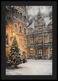 Malet byscene med juletre, snø og opplyste vinduer-4