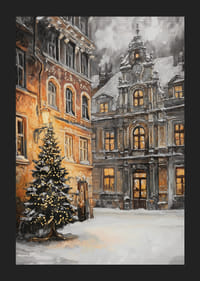 Malet byscene med juletre, snø og opplyste vinduer-5