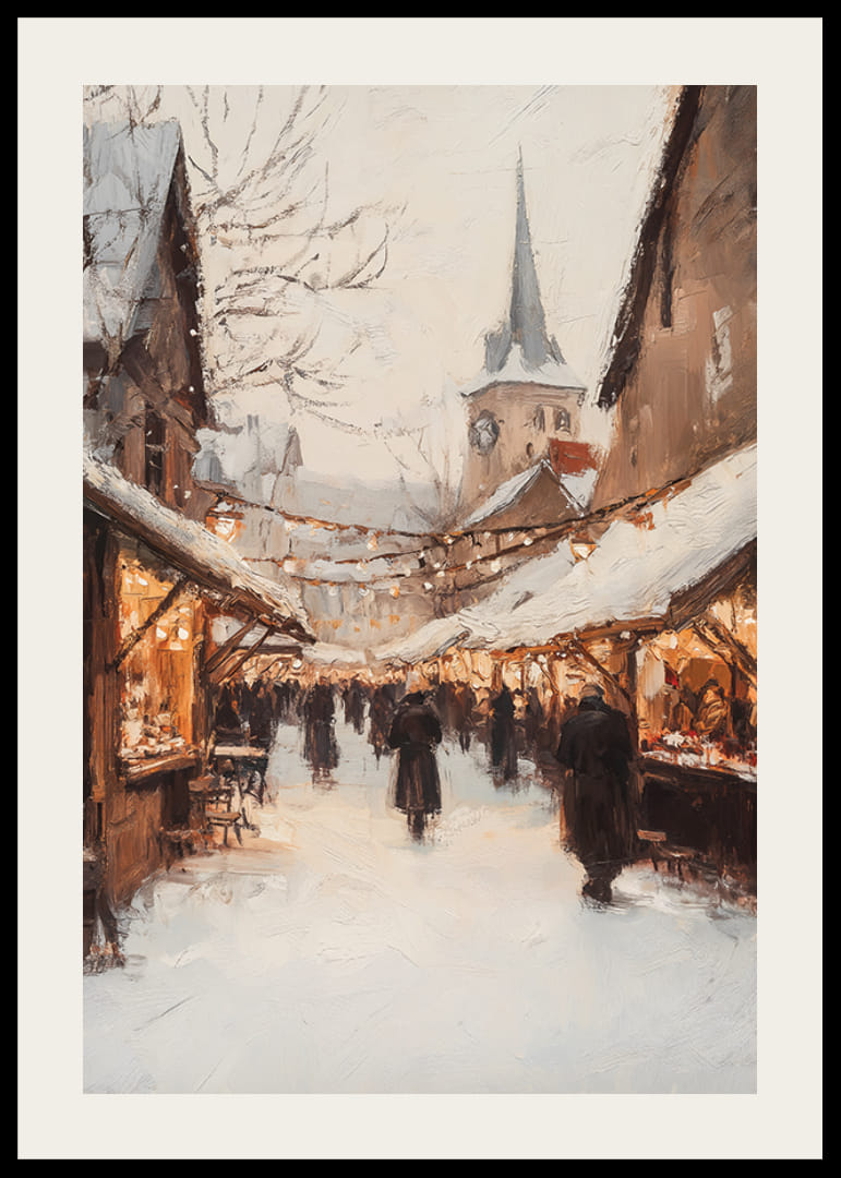 Festett téli piac hófödte standokkal és fényfüzérekkel-12