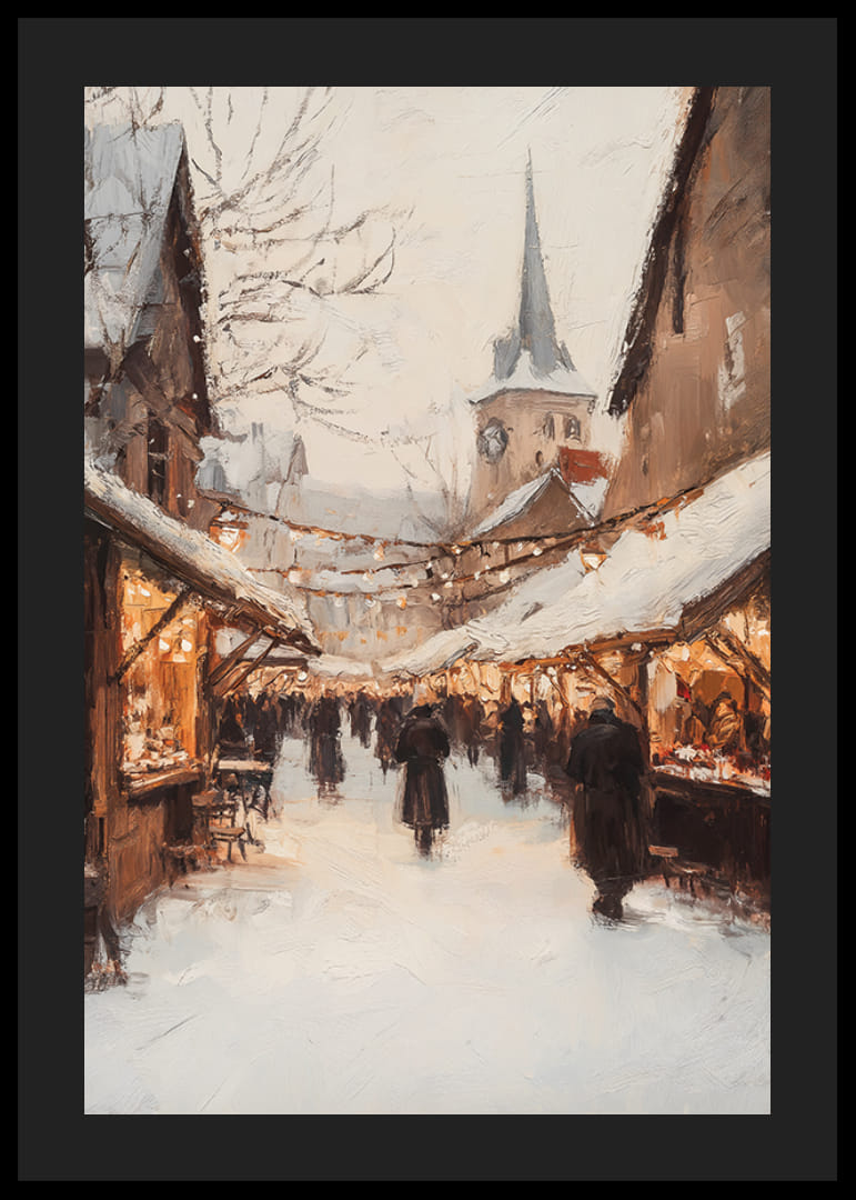 Festett téli piac hófödte standokkal és fényfüzérekkel-12