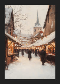 Festett téli piac hófödte standokkal és fényfüzérekkel-5