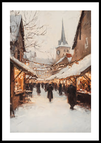 Apgleznots ziemas tirgus ar sniegiem klātiem stendiem un virtenēm-0