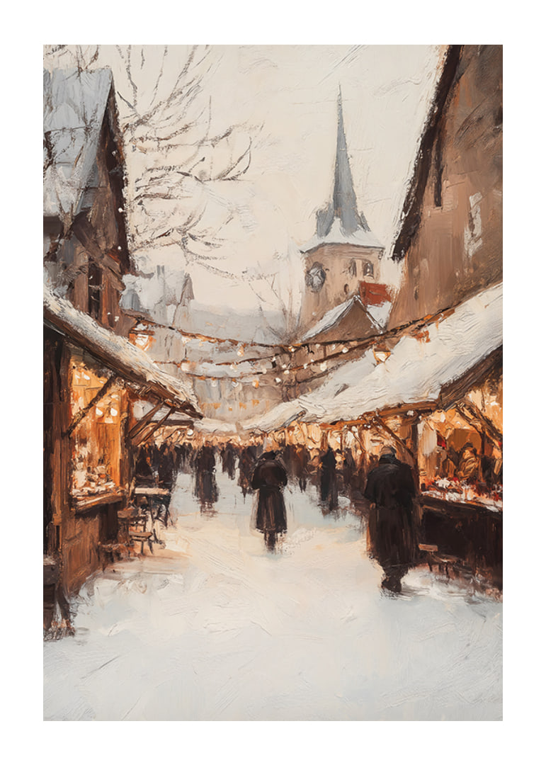 Apgleznots ziemas tirgus ar sniegiem klātiem stendiem un virtenēm-12