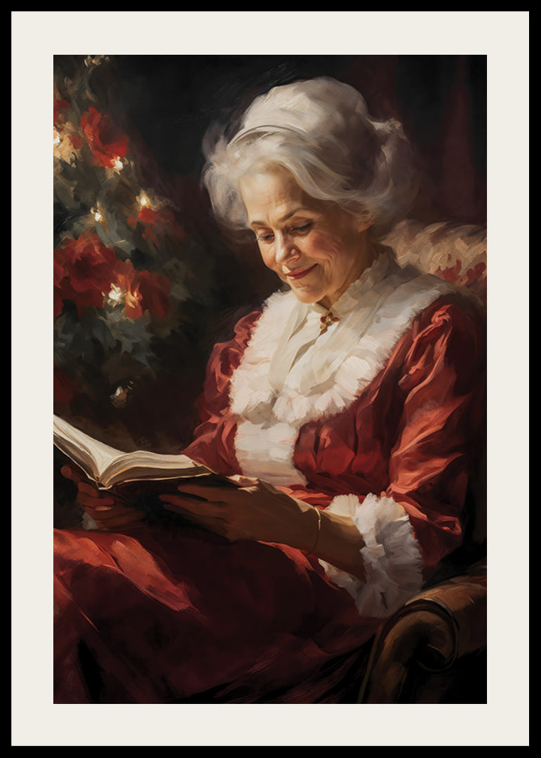 Gemälde einer älteren Frau im roten Kleid, die am Weihnachtsbaum ein Buch liest-12