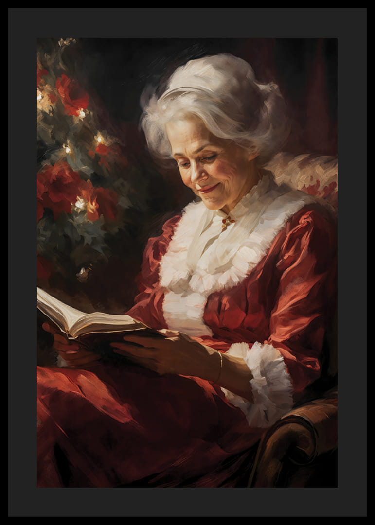 Gemälde einer älteren Frau im roten Kleid, die am Weihnachtsbaum ein Buch liest-12