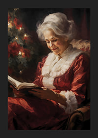 Gemälde einer älteren Frau im roten Kleid, die am Weihnachtsbaum ein Buch liest-5