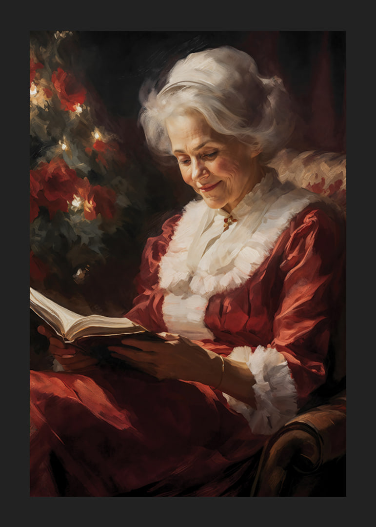 Gemälde einer älteren Frau im roten Kleid, die am Weihnachtsbaum ein Buch liest-12