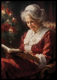 Gemälde einer älteren Frau im roten Kleid, die am Weihnachtsbaum ein Buch liest-6