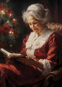 Gemälde einer älteren Frau im roten Kleid, die am Weihnachtsbaum ein Buch liest-7