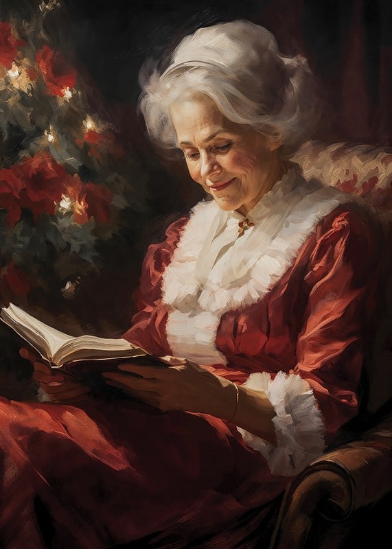 Gemälde einer älteren Frau im roten Kleid, die am Weihnachtsbaum ein Buch liest-12