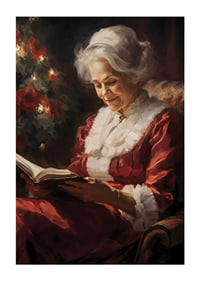 Gemälde einer älteren Frau im roten Kleid, die am Weihnachtsbaum ein Buch liest-1