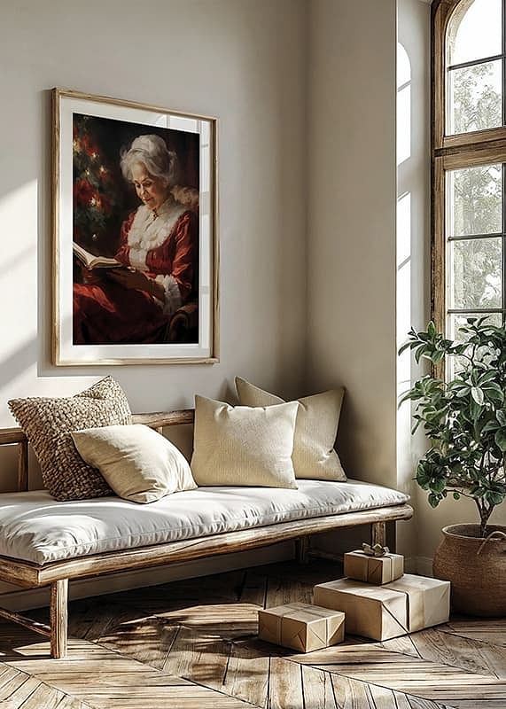 Poster with a painting of Santa Claus reading a book-12