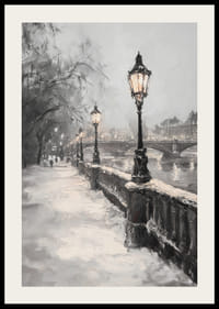 Maalattu talvinäkymä katuvalaisimilla, lumella ja kivisillalla joen rannalla-2