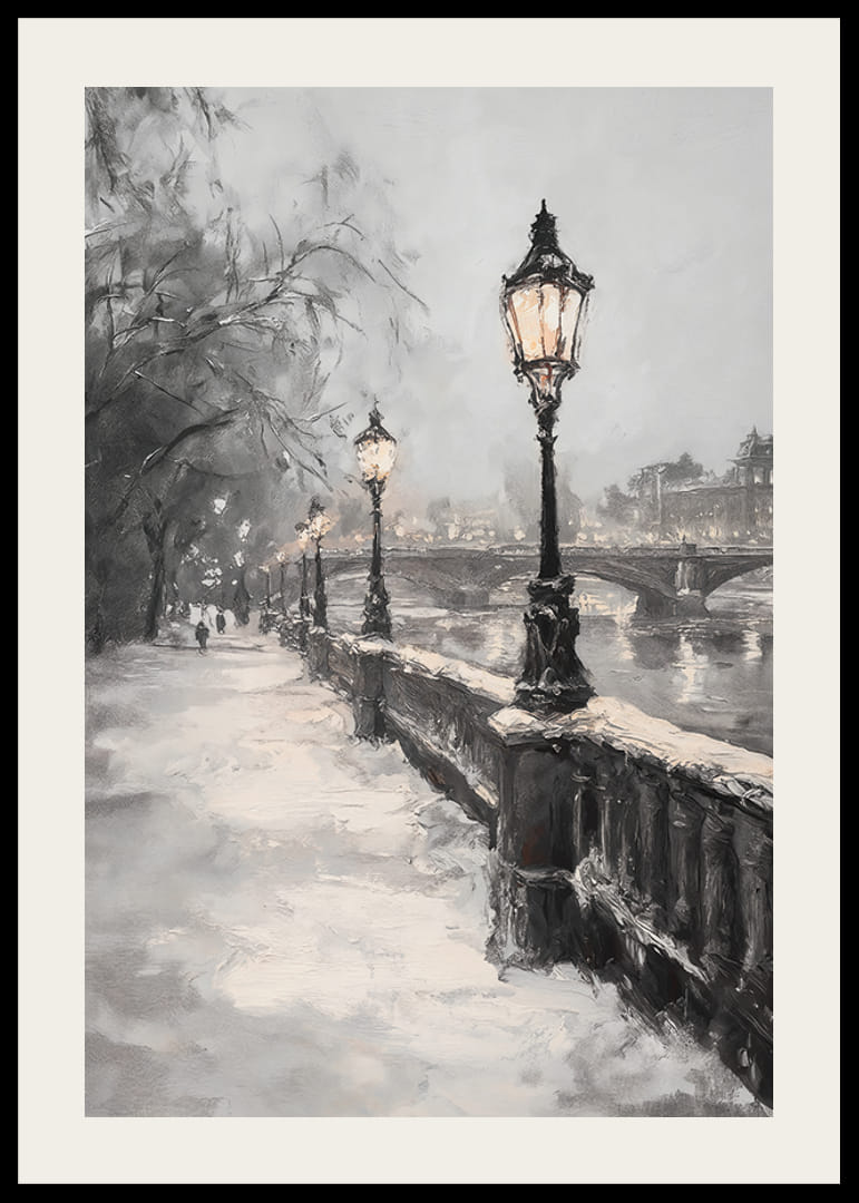 Maalattu talvinäkymä katuvalaisimilla, lumella ja kivisillalla joen rannalla-12
