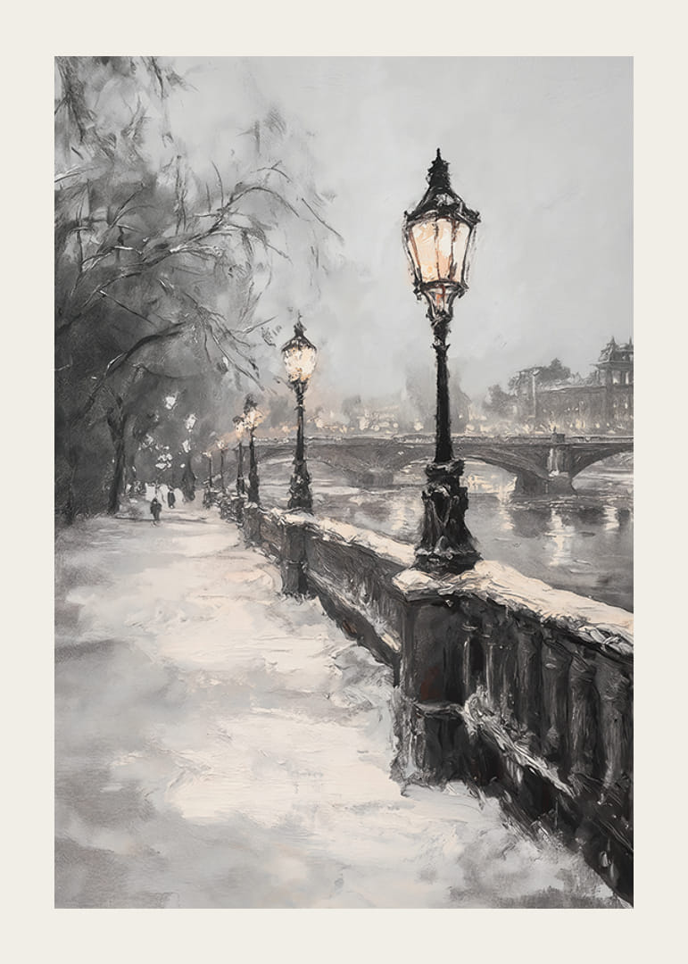 Maalattu talvinäkymä katuvalaisimilla, lumella ja kivisillalla joen rannalla-12