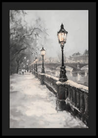 Maalattu talvinäkymä katuvalaisimilla, lumella ja kivisillalla joen rannalla-4