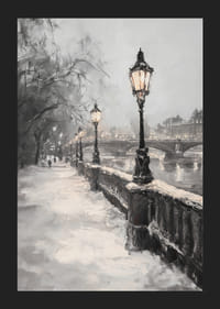 Maalattu talvinäkymä katuvalaisimilla, lumella ja kivisillalla joen rannalla-5