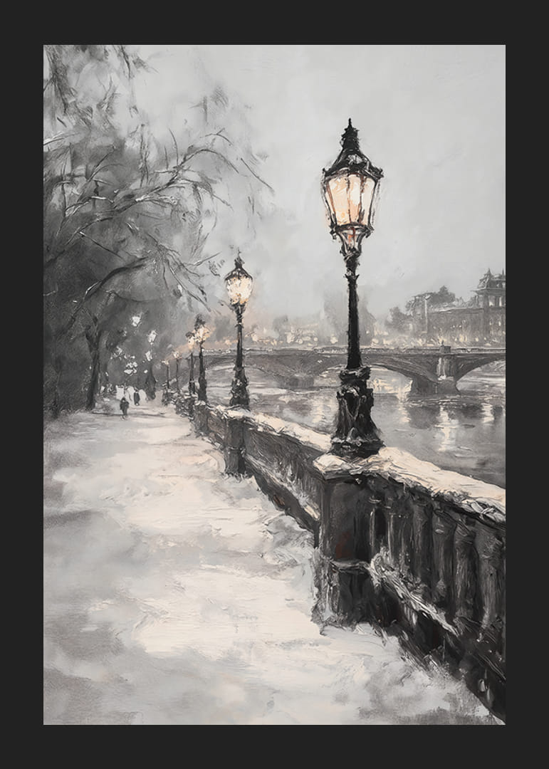 Maalattu talvinäkymä katuvalaisimilla, lumella ja kivisillalla joen rannalla-12
