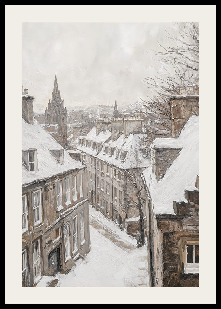 Malt vintergate med snø, steinhus og kirkespir-12