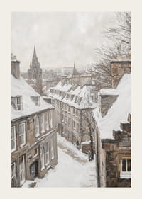 Malt vintergate med snø, steinhus og kirkespir-3